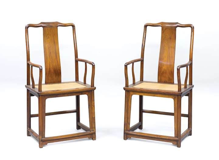 A pair of Huanghuali Wood High Back Armchairs